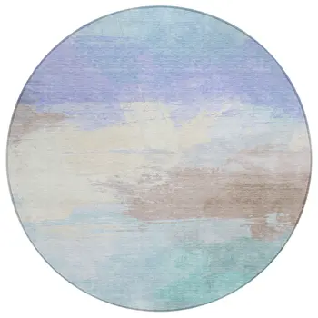 8' Sky Blue Lavender And Taupe Round Abstract Washable Indoor Outdoor Area Rug