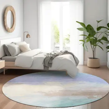 8' Sky Blue Lavender And Taupe Round Abstract Washable Indoor Outdoor Area Rug