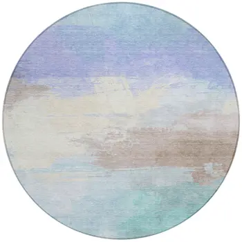 8' Sky Blue Lavender And Taupe Round Abstract Washable Indoor Outdoor Area Rug