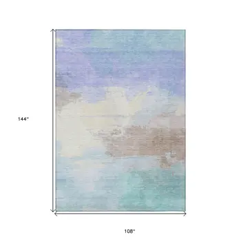 9' X 12' Sky Blue Lavender And Taupe Abstract Washable Indoor Outdoor Area Rug