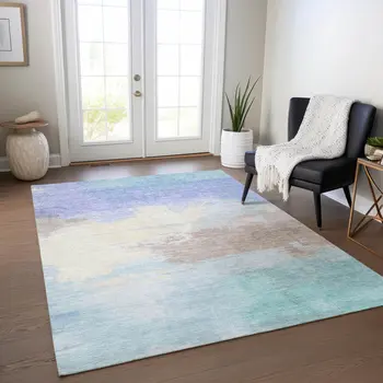 9' X 12' Sky Blue Lavender And Taupe Abstract Washable Indoor Outdoor Area Rug