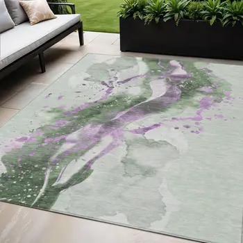 5' X 8' Artichoke Green And Lavender Abstract Washable Indoor Outdoor Area Rug