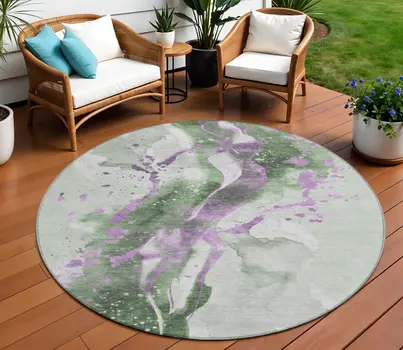 8' Artichoke Green And Lavender Round Abstract Washable Indoor Outdoor Area Rug