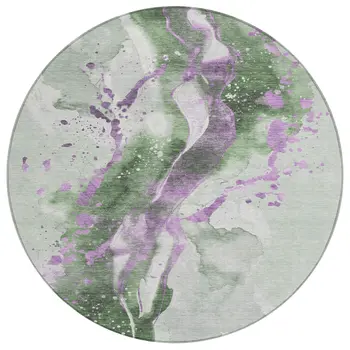 8' Artichoke Green And Lavender Round Abstract Washable Indoor Outdoor Area Rug
