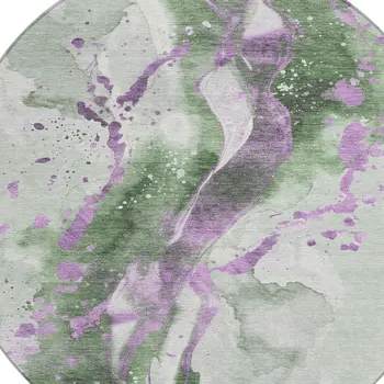 8' Artichoke Green And Lavender Round Abstract Washable Indoor Outdoor Area Rug
