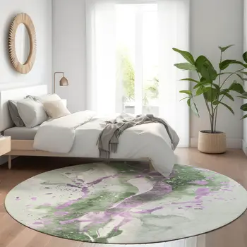 8' Artichoke Green And Lavender Round Abstract Washable Indoor Outdoor Area Rug