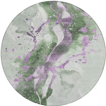 8' Artichoke Green And Lavender Round Abstract Washable Indoor Outdoor Area Rug