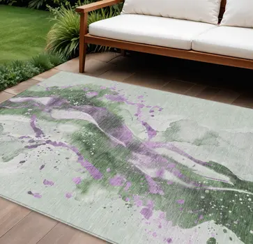 9' X 12' Artichoke Green And Lavender Abstract Washable Indoor Outdoor Area Rug