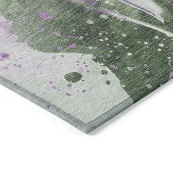 9' X 12' Artichoke Green And Lavender Abstract Washable Indoor Outdoor Area Rug