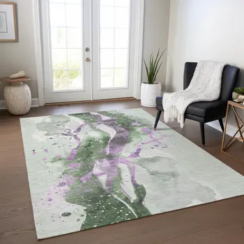 9' X 12' Artichoke Green And Lavender Abstract Washable Indoor Outdoor Area Rug