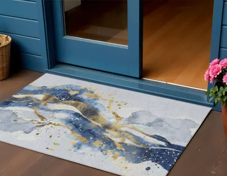 3' X 5' Blue And Gold Abstract Washable Indoor Outdoor Area Rug