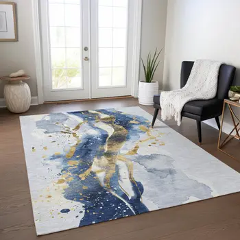 3' X 5' Blue And Gold Abstract Washable Indoor Outdoor Area Rug