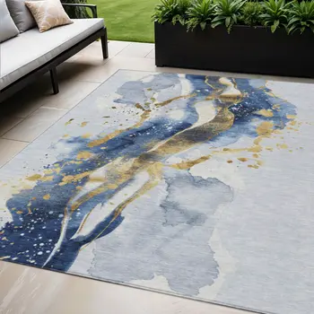 5' X 8' Blue And Gold Abstract Washable Indoor Outdoor Area Rug