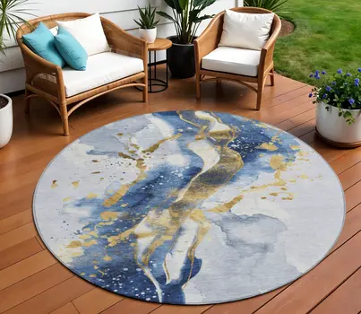 8' Blue And Gold Round Abstract Washable Indoor Outdoor Area Rug