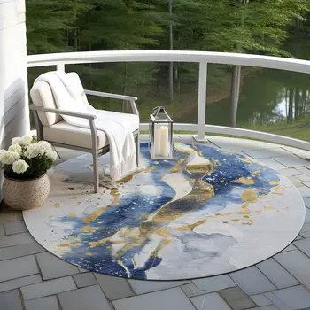 8' Blue And Gold Round Abstract Washable Indoor Outdoor Area Rug