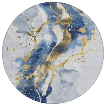 8' Blue And Gold Round Abstract Washable Indoor Outdoor Area Rug