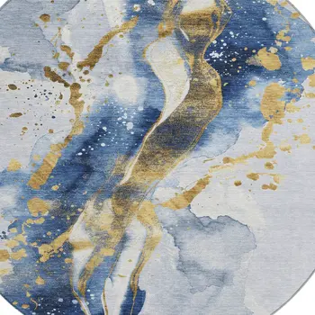 8' Blue And Gold Round Abstract Washable Indoor Outdoor Area Rug