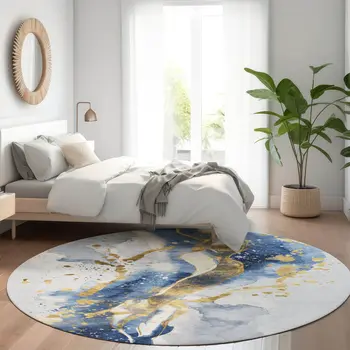 8' Blue And Gold Round Abstract Washable Indoor Outdoor Area Rug