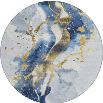 8' Blue And Gold Round Abstract Washable Indoor Outdoor Area Rug