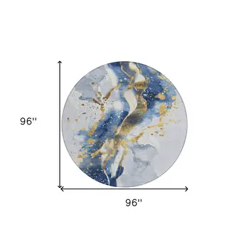 8' Blue And Gold Round Abstract Washable Indoor Outdoor Area Rug