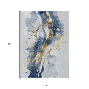 8' X 10' Blue And Gold Abstract Washable Indoor Outdoor Area Rug