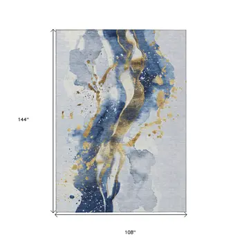 9' X 12' Blue And Gold Abstract Washable Indoor Outdoor Area Rug