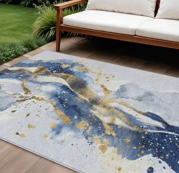 10' X 14' Blue And Gold Abstract Washable Indoor Outdoor Area Rug