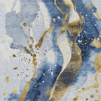 10' X 14' Blue And Gold Abstract Washable Indoor Outdoor Area Rug