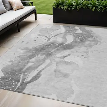 5' X 8' Gray And Silver Abstract Washable Indoor Outdoor Area Rug
