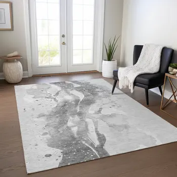 5' X 8' Gray And Silver Abstract Washable Indoor Outdoor Area Rug