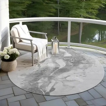 8' Gray And Silver Round Abstract Washable Indoor Outdoor Area Rug