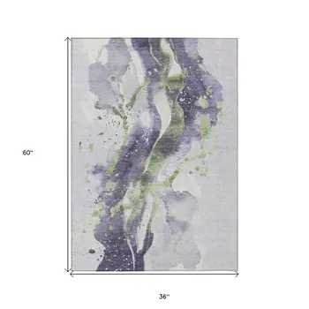 3' X 5' Purple And Green Abstract Washable Indoor Outdoor Area Rug