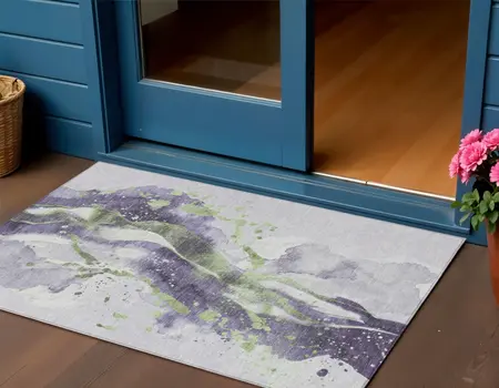 3' X 5' Purple And Green Abstract Washable Indoor Outdoor Area Rug