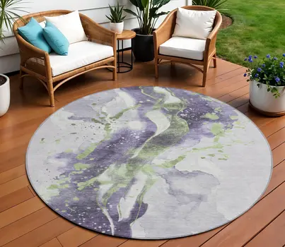 8' Purple And Green Round Abstract Washable Indoor Outdoor Area Rug