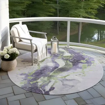 8' Purple And Green Round Abstract Washable Indoor Outdoor Area Rug