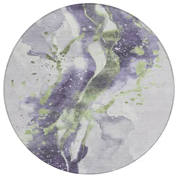 8' Purple And Green Round Abstract Washable Indoor Outdoor Area Rug
