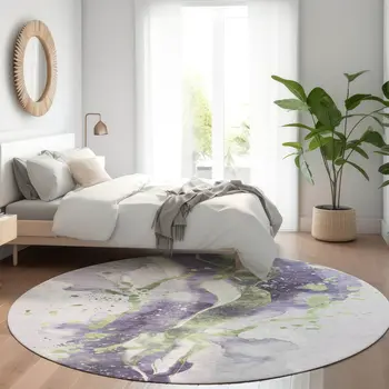 8' Purple And Green Round Abstract Washable Indoor Outdoor Area Rug