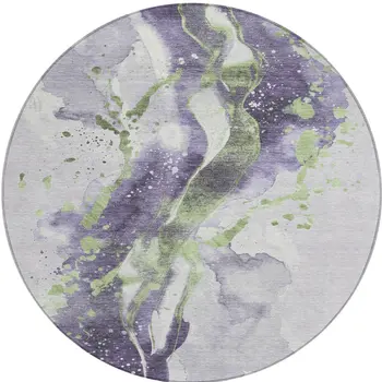 8' Purple And Green Round Abstract Washable Indoor Outdoor Area Rug