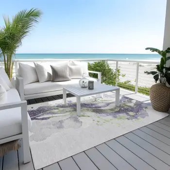 9' X 12' Purple And Green Abstract Washable Indoor Outdoor Area Rug