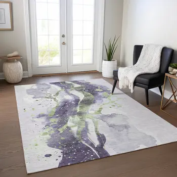 9' X 12' Purple And Green Abstract Washable Indoor Outdoor Area Rug