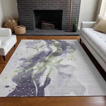 9' X 12' Purple And Green Abstract Washable Indoor Outdoor Area Rug