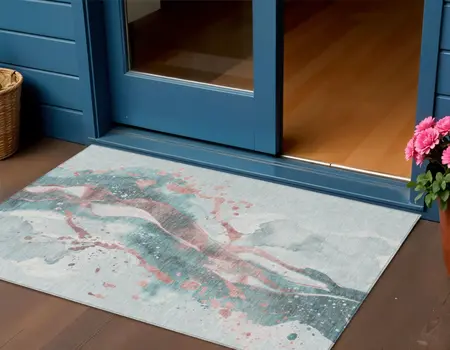 3' X 5' Teal Blue And Salmon Abstract Washable Indoor Outdoor Area Rug