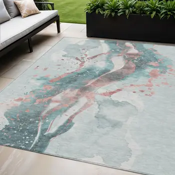 5' X 8' Teal Blue And Salmon Abstract Washable Indoor Outdoor Area Rug