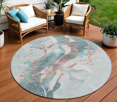 8' Teal Blue And Salmon Round Abstract Washable Indoor Outdoor Area Rug