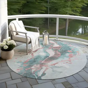 8' Teal Blue And Salmon Round Abstract Washable Indoor Outdoor Area Rug