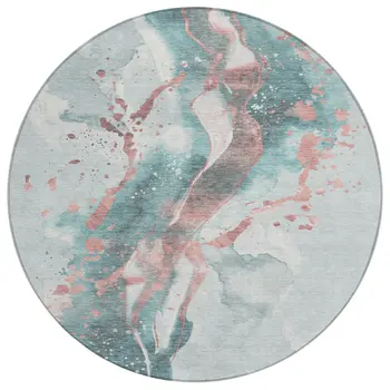 8' Teal Blue And Salmon Round Abstract Washable Indoor Outdoor Area Rug