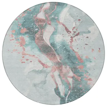 8' Teal Blue And Salmon Round Abstract Washable Indoor Outdoor Area Rug