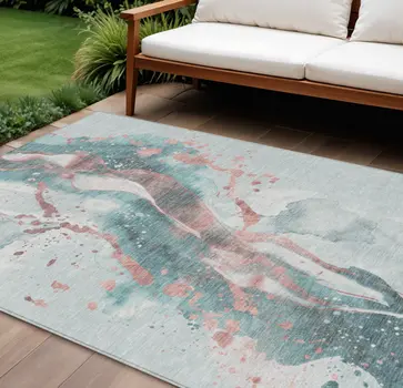 9' X 12' Teal Blue And Salmon Abstract Washable Indoor Outdoor Area Rug