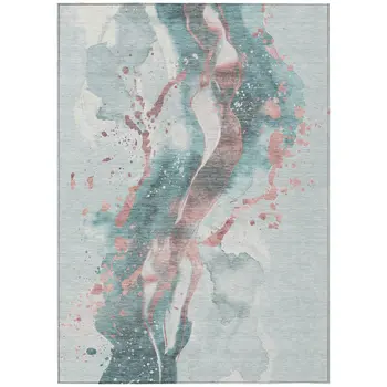 9' X 12' Teal Blue And Salmon Abstract Washable Indoor Outdoor Area Rug