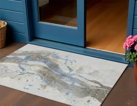 3' X 5' Taupe And Blue Abstract Washable Indoor Outdoor Area Rug